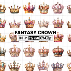 227 Fantasy Crown Clipart - Watercolor Royal Tiaras & Golden Jeweled Crowns - Princess, Queen, Prince, King Crown PNG Digital Graphics