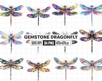 84 Gemstones Dragonfly Clipart - Watercolor Fantasy Insect PNG - Jeweled Diamond Dragonfly Graphics - Bug Clipart Digital Images