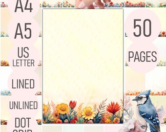 Floral Printable Stationery – 50 Notes Pages | Lined, Unlined, Dot Grid | Whimsical Writing Paper | A4, A5, US Letter PDF