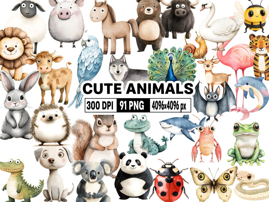 91 Watercolor Animals Clipart - Cute Nursery Baby Animal PNG Set - Baby ...