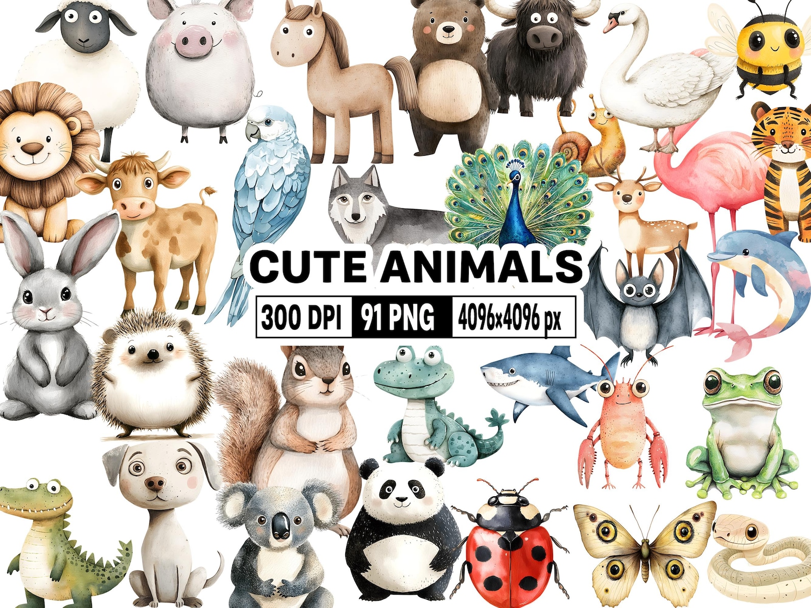 91 Watercolor Animals Clipart - Cute Nursery Baby Animal PNG Set - Baby ...