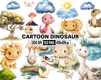 May include: A set of 13 cartoon dinosaur illustrations in watercolor style. The dinosaurs are in various poses and include a triceratops, stegosaurus, brachiosaurus, and a baby dinosaur hatching from an egg. The illustrations are perfect for creating children's books, greeting cards, or other creative projects.