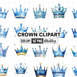 167 aquarel kleine prins clipart, koning koningin kroon illustraties, blauwe jongen babyshower, prinses koninklijke kroon png, verjaardag kinderkamer graphics