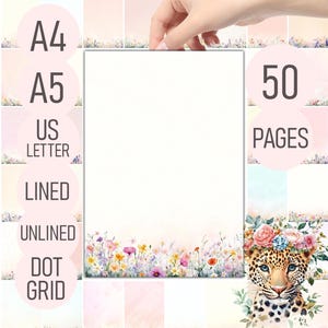 Papeterie florale imprimable – 50 pages de notes | ligné, non doublé, quadrillage | Papier à lettres délicat | A4, A5, lettre US PDF