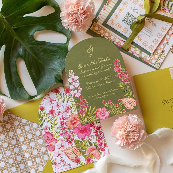 Tropical Wedding Save the Date - Semi Custom Palm & Destination Wedding Invitations | Rattan Cane Tropical Floral | Island Wedding Invite