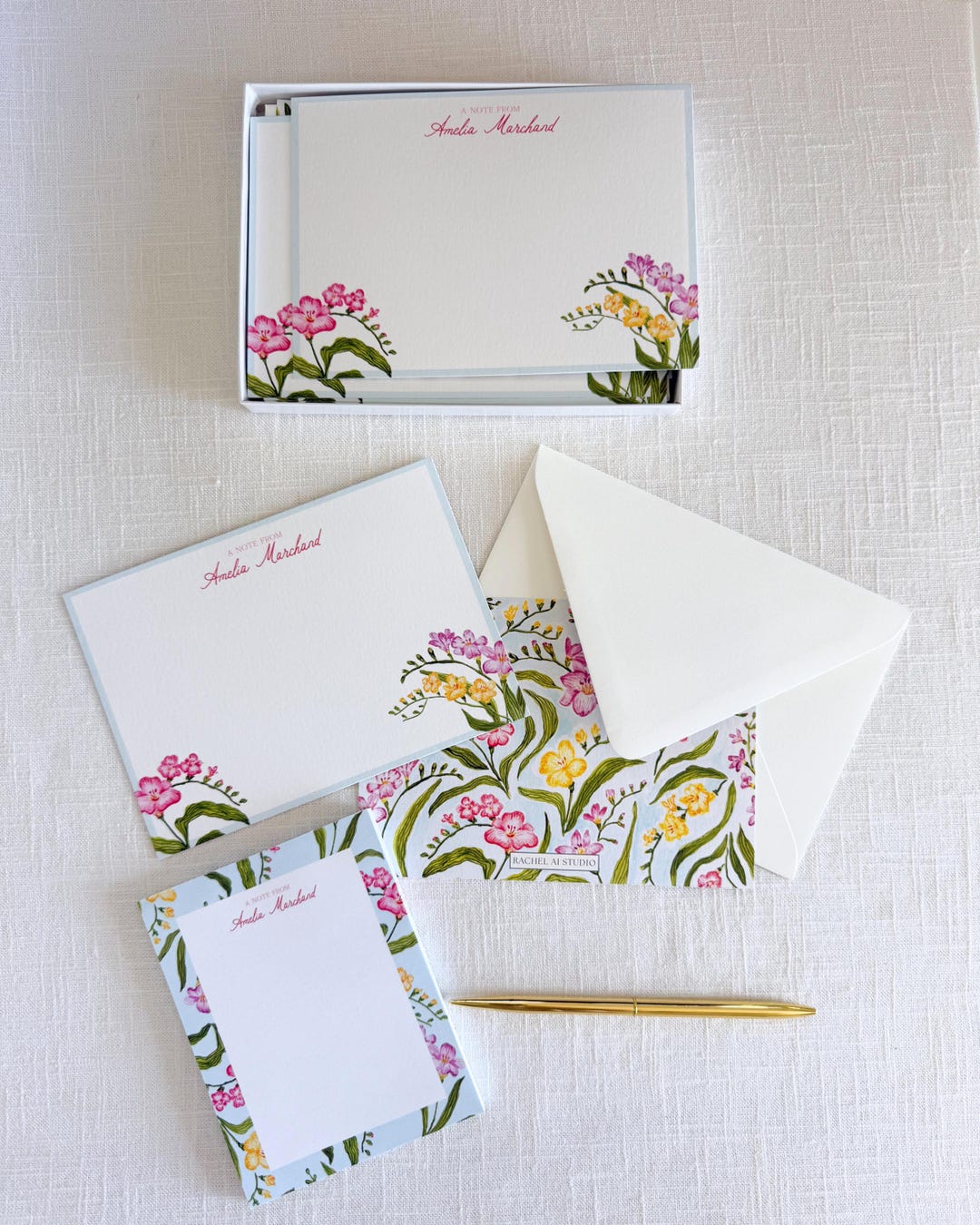 Set of 25 Personalized Watercolor Freesia Stationery Set: Custom Floral ...