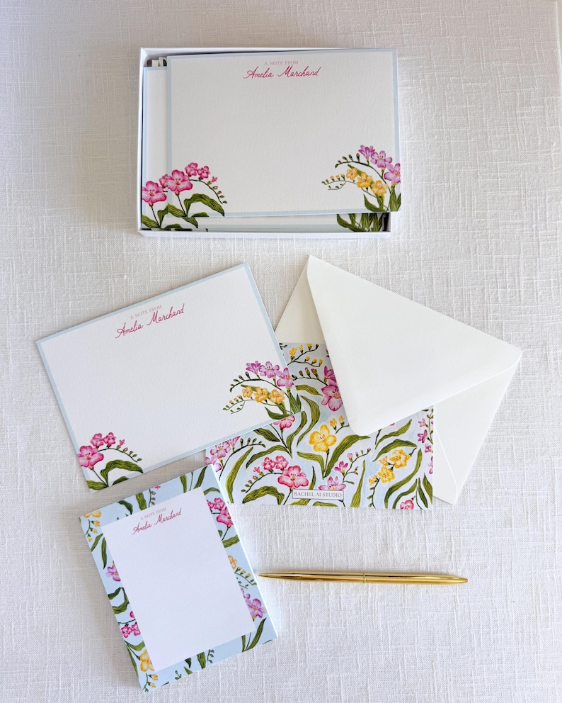 Set of 25 Personalized Watercolor Freesia Stationery Set: Custom Floral ...