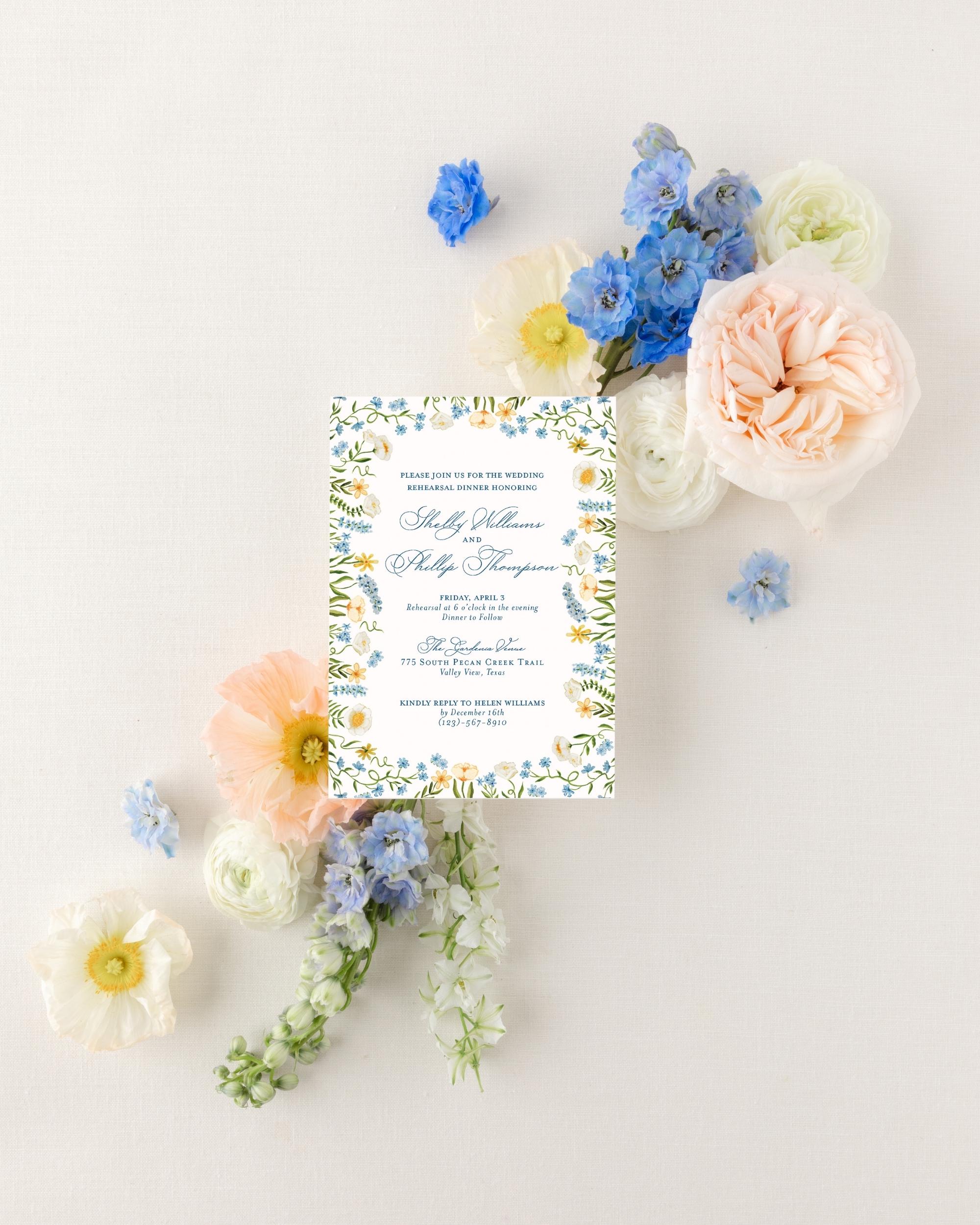 Spring Floral Rehearsal Welcome Party Invitation | Garden Party | Blue + Yellow Invitations | Wildflower Watercolor | Coastal Invitation