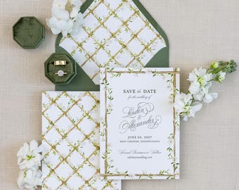 Botanical Greenery Garden Wedding Save the Date – Semi Custom Elegant Floral Understated Invitations | White and Green Florals | SAMPLE KIT