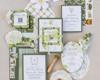 Botanical Greenery Garden Wedding Invitation Suite – Semi Custom Elegant Floral Understated Invites | White and Green Florals | SAMPLE KIT
