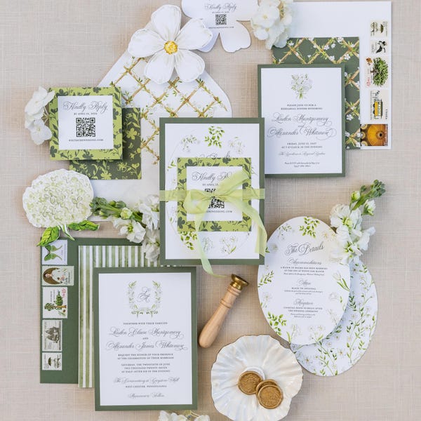 Botanical Greenery Garden Wedding Invitation Suite – Semi Custom Elegant Floral Understated Invites | White and Green Florals | SAMPLE KIT