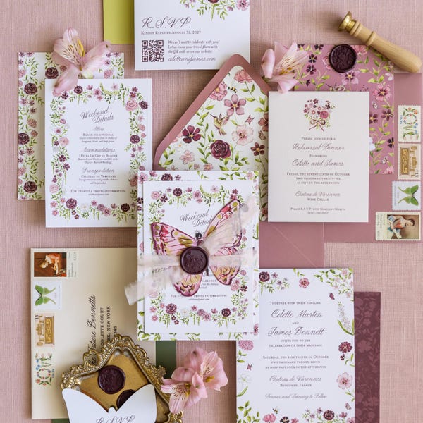 Romantic Moody Watercolor Wedding Invitation Suite – Semi Custom Elegant Wedding Invitations | Mauve, Burgundy Floral Invites | SAMPLE KIT