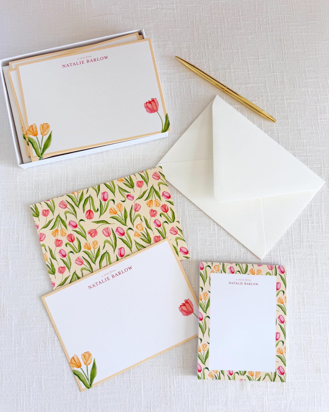 Set of 25 Personalized Watercolor Tulip Stationery Set: Custom Floral ...
