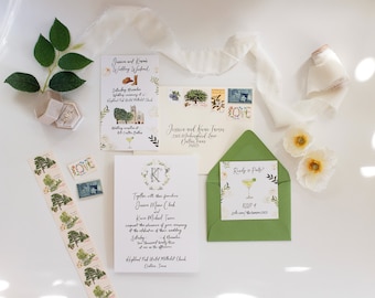 Watercolor Wedding Invitation | Custom Wedding Invitation | Hand Painted Wedding Suite | Wedding Crest Invitation | Custom Wedding Icons