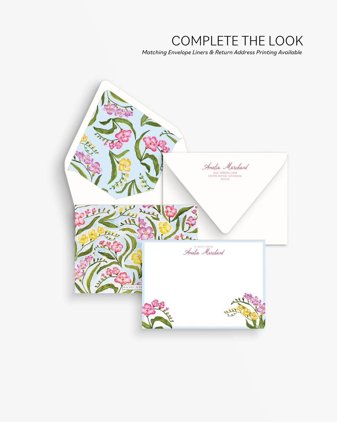Set of 25 Personalized Watercolor Freesia Stationery Set: Custom Floral ...