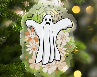 Spooky Ghost Acrylic Ornament: Halloween Smiley Face Flowers Decor