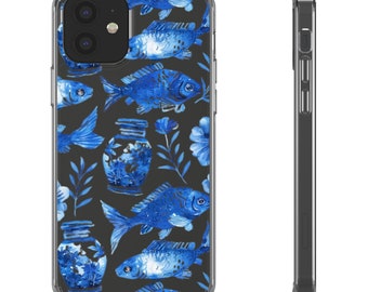 Clear Cases  Blue Boho Vintage Fish  Kitchen Eclectic Design  Mothers day Gift  Phone Case  for iPhone 13, Iphone 12 Case