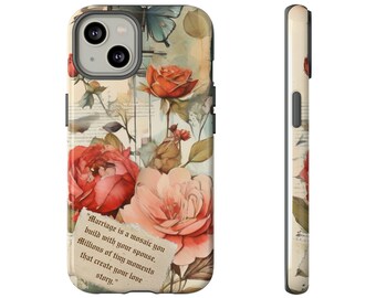 Etui na telefon z kwiatowym cytatem: boho vintage eklektyczny design