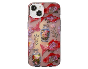 Pretty in Pink Flexi Clear TPU  Cases Collage Vintage  Red Fish Flowers  Gift packaging available iPhone 13,  iPhone 14, Samsung Galaxy