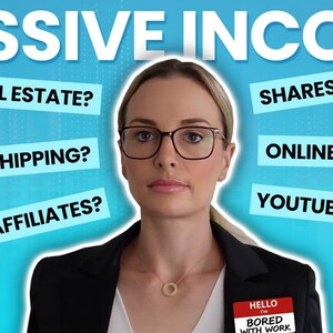 May include: A woman with blonde hair and glasses is looking at the camera. She is wearing a black blazer and a white shirt. She has a name tag that says "Hello I'm Bored With Work". The background is blue with white dots. There are several white boxes with text in black letters around her head. The text in the boxes includes "Passive Income", "Real Estate?", "Dropshipping?", "Affiliates?", "Shares?", "Online Courses?", and "YouTube?".