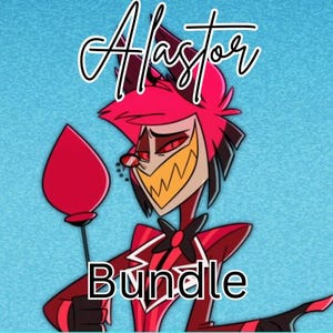Puede incluir: Un personaje de dibujos animados con cabello rojo y un traje rojo y negro sostiene una piruleta roja con un palo blanco. El personaje tiene una gran sonrisa de dientes y lleva una pajarita negra. El texto "Alastor Bundle" está escrito en letras blancas sobre un fondo azul.