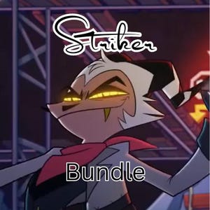 Op de afbeelding: Een cartoonfiguur met witte vacht, zwarte strepen en gele ogen. Het personage draagt een rode sjaal en een wit shirt. De tekst "Striker Bundle" is in zwart op een witte achtergrond geschreven.