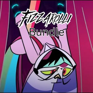 May include: A cartoon character in a pink and white outfit with the text "Fizzarolli Bundle". The character has a white hood, green eyes, and a red and black design. The background is a mix of pink, red, and rainbow colors.