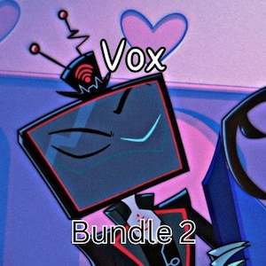 Op de afbeelding: Digitale illustratie van een personage met een televisiebeeldschermhoofd, omlijnd in rood, met het woord "Vox" erboven en "Bundle 2" eronder. De achtergrond is een verloop van paars en roze met een hartvorm.