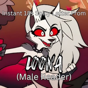 May include: A digital illustration of a white wolf with red eyes wearing a red dress and black choker. The text "Instant 18+ Spicy Letter From LOONA (Male Reader)" is above the wolf.