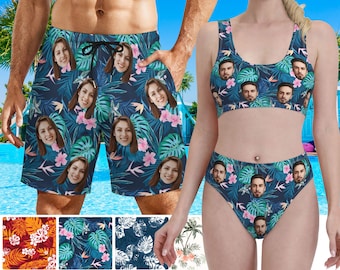 Custom Couple Swimwear with Faces, Personalized Swim Trunks, Beach Shorts for Men, Personalized Face Shorts,Custom Women Swimsuit with Face