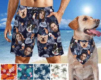 Custom Hawaiian Trunks with Face for Party, Personalized Swim Trunks, Beach Shorts for Men, Personalized Face Shorts, Custom Dog Bandana
