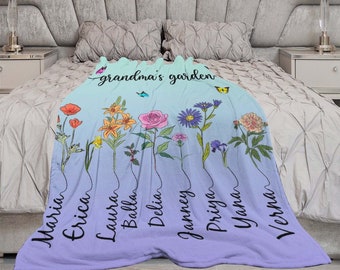 Custom Mom's Garden Blanket,Mom Blanket with Kids Name,Custom Birth Flower Blanket,Gift for Mom from Daughter/Son, Blanket Gifts for Grandma