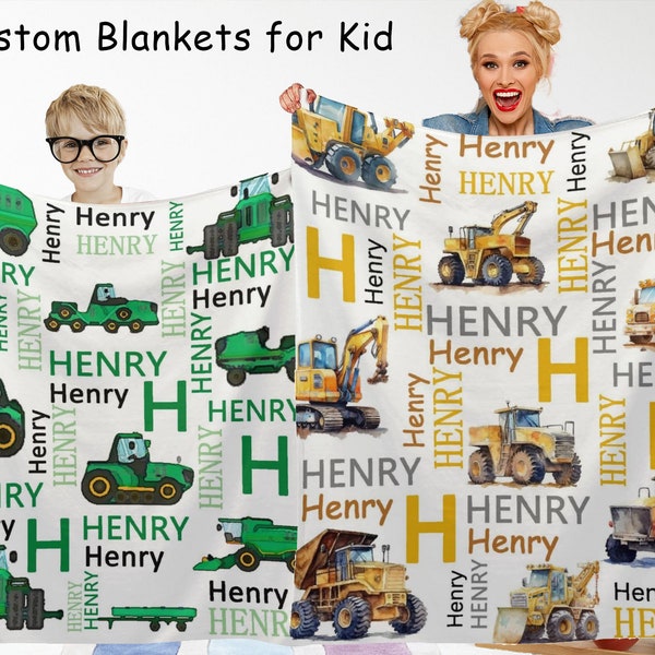 Personalized Digger blanket for Boy, Personalized Dino Blanket, Name Blanket kid, Personalized Construction Truck Baby Blanket, Birthday git