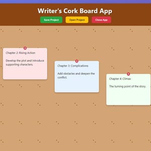以下が含まれることがあります： 「Writer's Cork Board App」というタイトルのデジタルコルクボードインターフェース。4つの色分けされた付箋があり、物語の章を概説しています。アプリには、プロジェクトを保存、開く、閉じるためのボタンがあります。背景はテクスチャ加工されたタン色です。