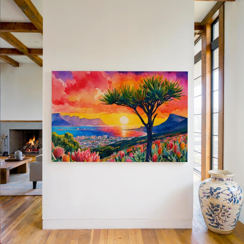 K&ouml;nnte beinhalten: Ein lebendiges Aquarellgem&auml;lde zeigt einen Sonnenuntergang &uuml;ber einer K&uuml;stenstadt. Der Himmel verschmilzt rote, orange und violette Farbt&ouml;ne. Ein Baum mit gr&uuml;nem Laub steht im Vordergrund, darunter bunte Blumen. Das Kunstwerk wird an einer wei&szlig;en Wand gezeigt.