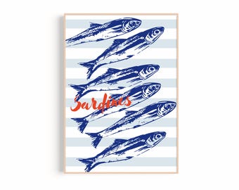 Retro Blue Sardine Wall Art | Striped Coastal Kitchen Poster | Dopamine Decor Fish Illustration | Portugal Sardine Art | Digital Download