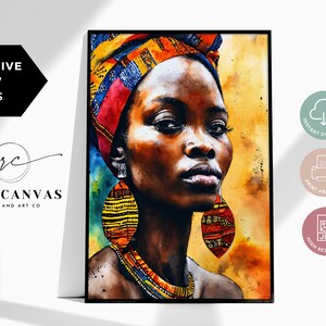 African Woman Art, Watercolor Print: Afrocentric Digital Boho Portrait, Instant Printable Decor