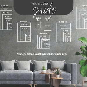 K&ouml;nnte beinhalten: Eine Wandkunst-Gr&ouml;&szlig;en&uuml;bersicht mit verschiedenen Seitenverh&auml;ltnissen und Abmessungen in Zentimetern. Der Leitfaden umfasst Verh&auml;ltnisse wie 2:3, 3:4, 4:5, 5:7, 11:14 und 1:1 sowie A1-A5 ISO-Gr&ouml;&szlig;en. Der Text lautet "Wall art size guide" und "Bitte kontaktieren Sie uns f&uuml;r andere Gr&ouml;&szlig;en".