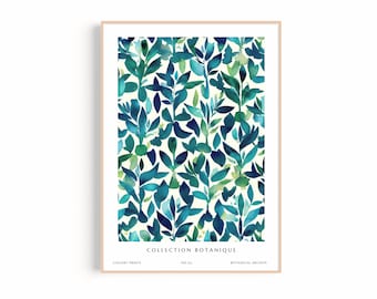 Teal Navy Botanical Print | Watercolor Leaf Forest Poster (Digital Download)