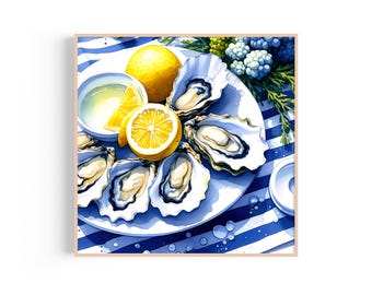 Coastal Oyster and Lemon Watercolor Wall Art: Nautical Kitchen Art (Digital Download)