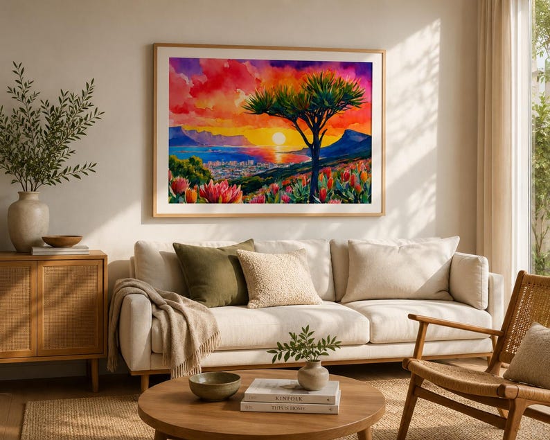 K&ouml;nnte beinhalten: Ein gerahmtes Aquarellgem&auml;lde zeigt einen Sonnenuntergang &uuml;ber einer K&uuml;stenstadt mit einem Baum als Silhouette im Vordergrund. Der Himmel verschmilzt rote, orange und violette Farbt&ouml;ne, w&auml;hrend die Landschaft bunte Blumen und Berge zeigt.