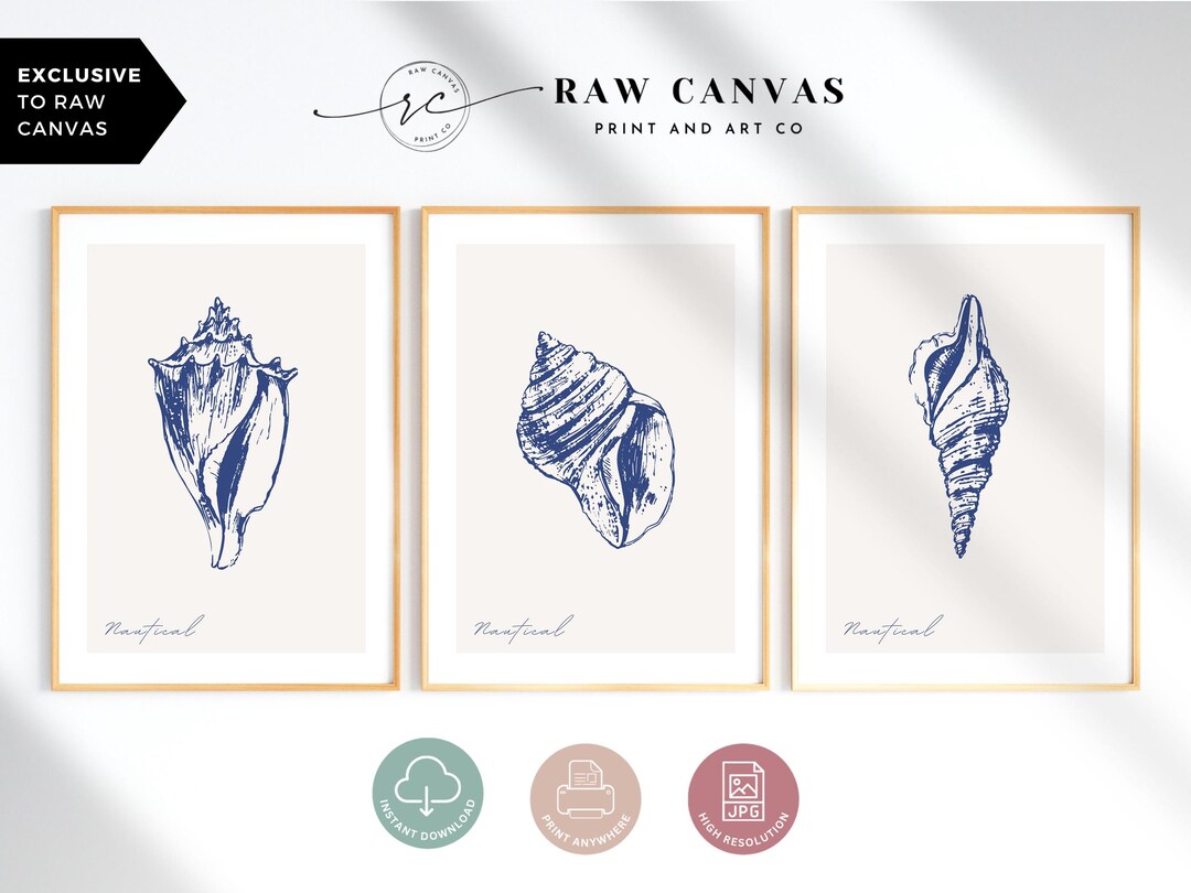Coastal Blue Shell Print Set: Nautical Beach House Decor (digital ...