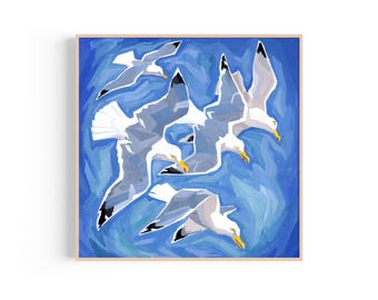 Blue Seagull Wall Art | Coastal Midimalist Printable Wall Art | Nautical Wall Art | Square Digital Download for Beach House Decor