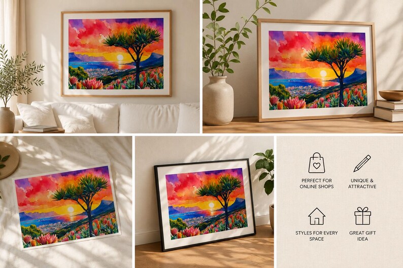 K&ouml;nnte beinhalten: Aquarell-Landschaftskunst-Druck mit einem lebendigen Sonnenuntergang &uuml;ber einer Stadt und Bergen. Ein Baum steht als Silhouette im Vordergrund, mit bunten Blumen. Das Kunstwerk wird in verschiedenen gerahmten Formaten pr&auml;sentiert.