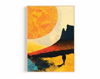 Abstract Sunset Landscape Print – Vibrant Sunscape with Mountains and Silhouette (Digital Download)