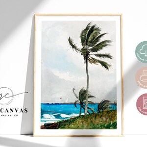 Vintage Tropical Palm Tree Print | Winslow Homer Watercolor Art, Digital Download Landscape, Nassau Beach Wall Decor, Beach house decor