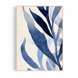 Blue Botanical Abstract Wall Art - Modern Minimal Navy Indigo Botanical Leaves (Digital Download)