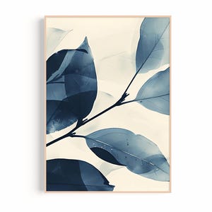 Navy Blue Botanical Leaf Print | Moody Indigo Nature Poster (Digital Download)