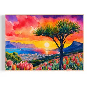 K&ouml;nnte beinhalten: Aquarellmalerei eines Sonnenuntergangs &uuml;ber einer K&uuml;stenstadt, gerahmt in hellem Holz. Der Himmel ist eine lebendige Mischung aus Rot, Orange und Lila. Ein Baum mit gr&uuml;nem Laub steht im Vordergrund, mit bunten Blumen. Die Sonne geht &uuml;ber dem Wasser unter.