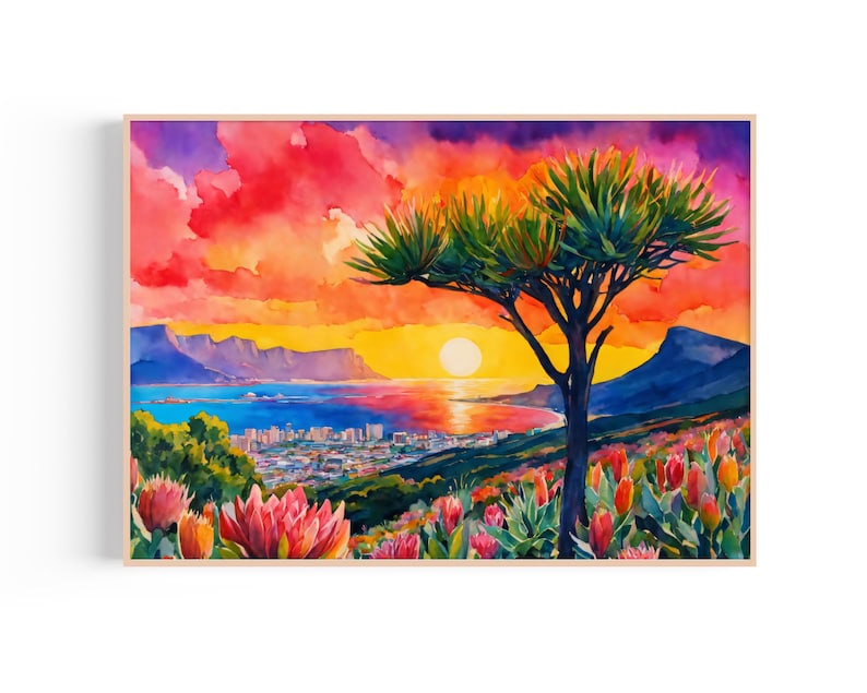 K&ouml;nnte beinhalten: Aquarellmalerei eines Sonnenuntergangs &uuml;ber einer K&uuml;stenstadt, gerahmt in hellem Holz. Der Himmel ist eine lebendige Mischung aus Rot, Orange und Lila. Ein Baum mit gr&uuml;nem Laub steht im Vordergrund, mit bunten Blumen. Die Sonne geht &uuml;ber dem Wasser unter.